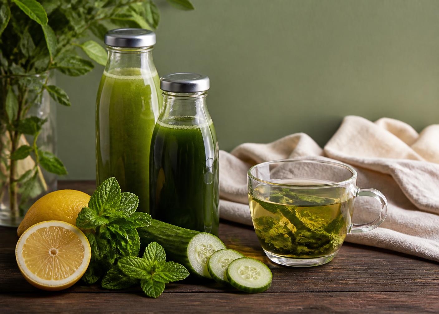 Cold-pressed green juices in glass bottles beside a cup of herbal tea