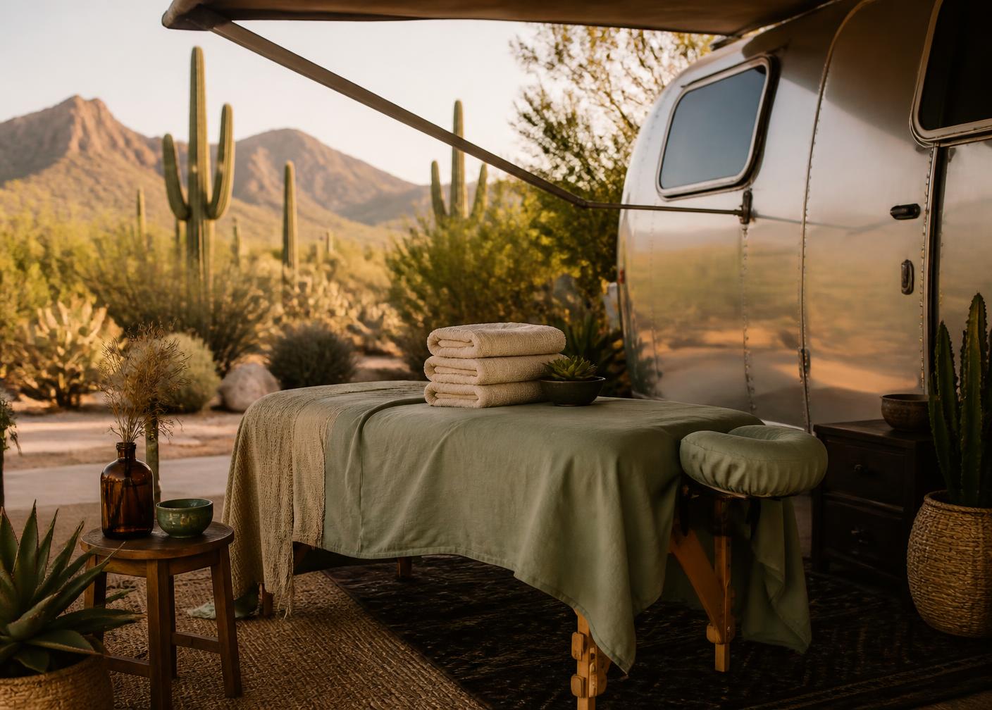 A massage table set up under an awning beside an airstream trailer at a desert RV park