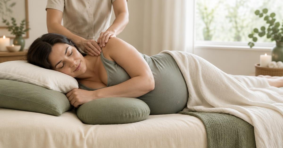A pregnant woman relaxing on her side with supportive pillows during a gentle prenatal massage at home